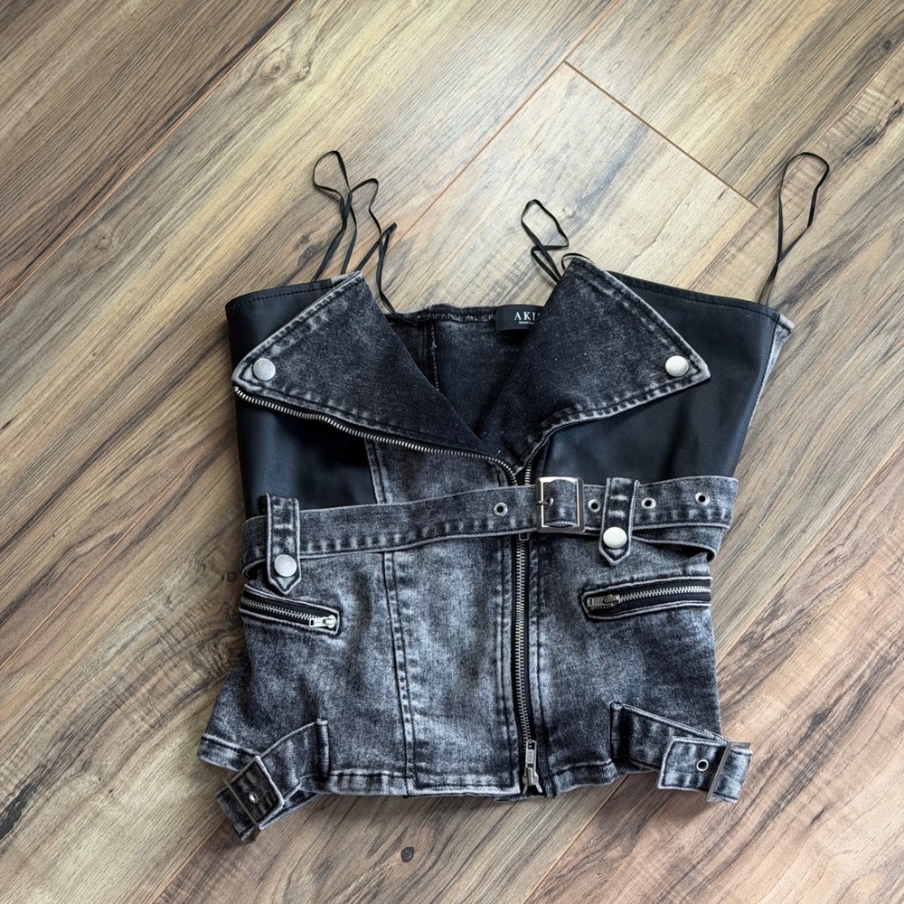 AKIRA Black and Gray Moto Denim Corset Crop Top
